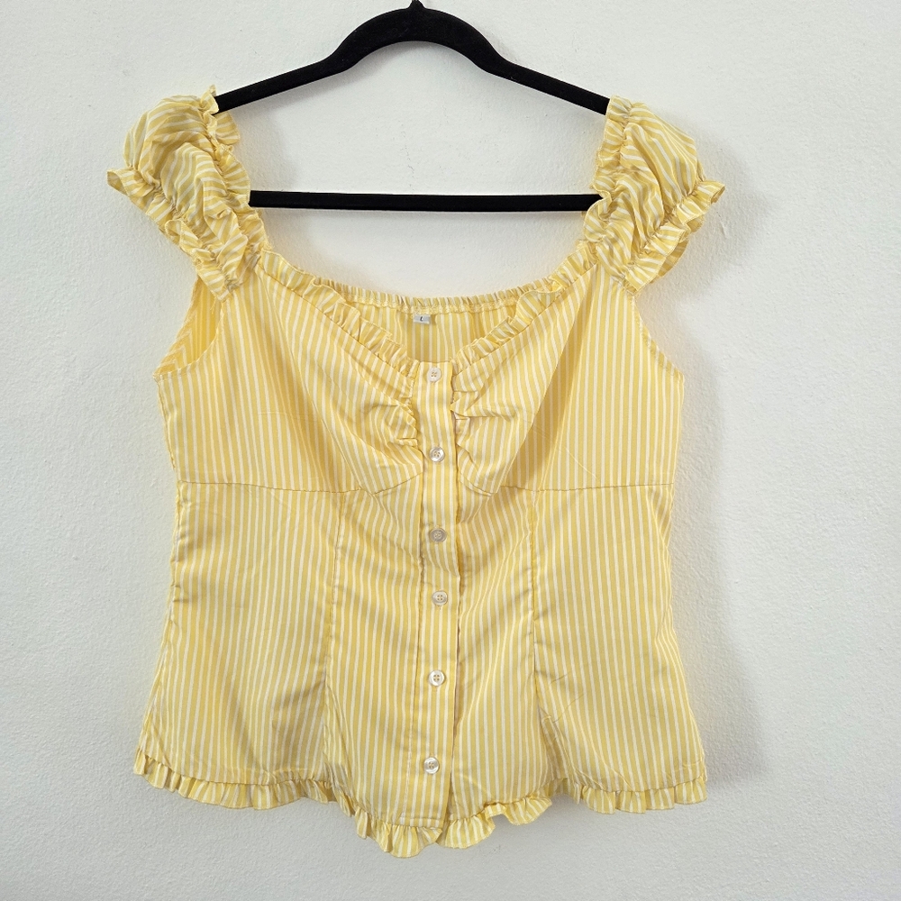 Sunny Yellow White Striped Puff Sleeve Blouse Size Large - Picture 9 of 16